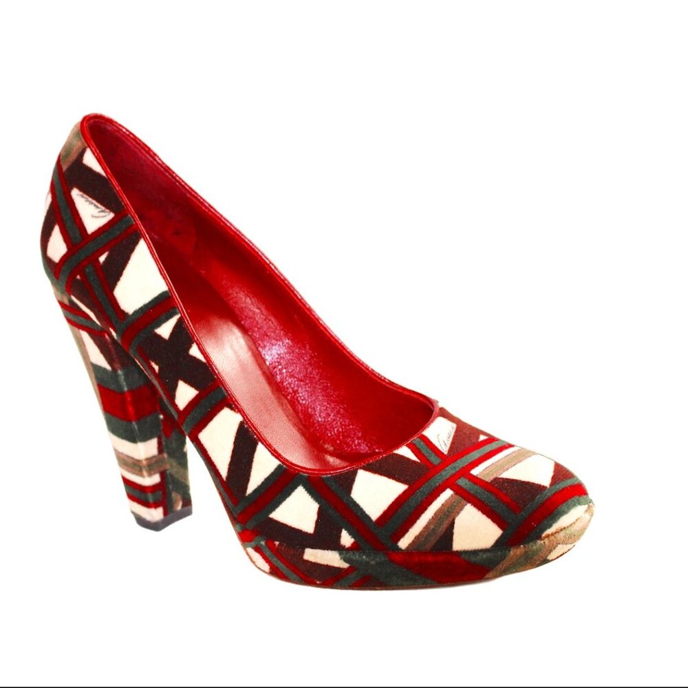 Gucci Velvet Geometric Cream Maroon Green Signed Platform Pumps, Size 6 - Picture 3 of 14